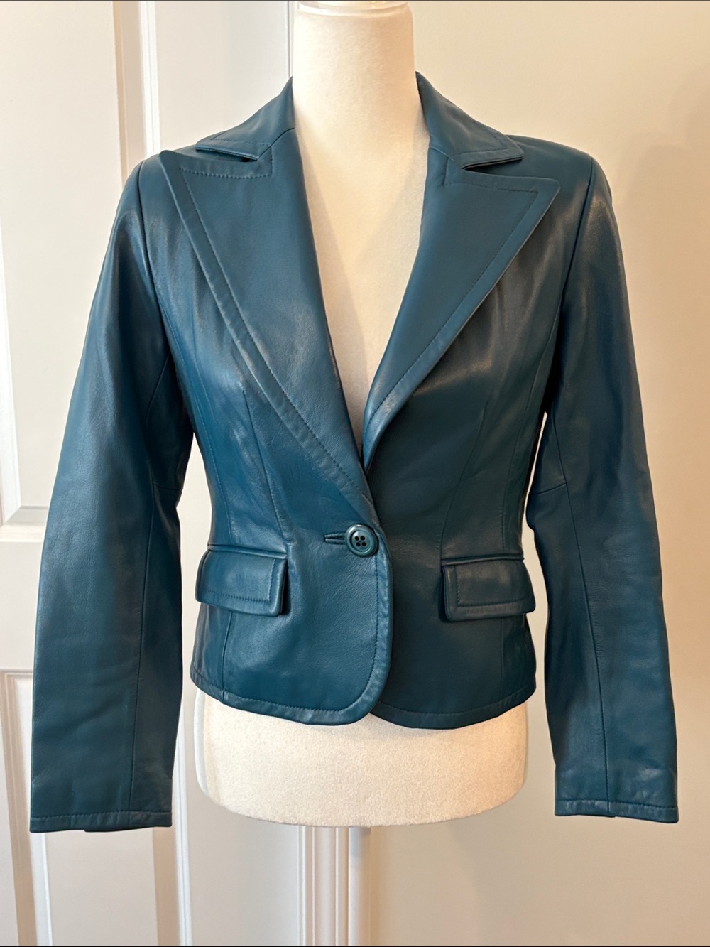 Kate Hill Teal 100% Leather Single-Button Blazer Structured Lapel TailoredStitch